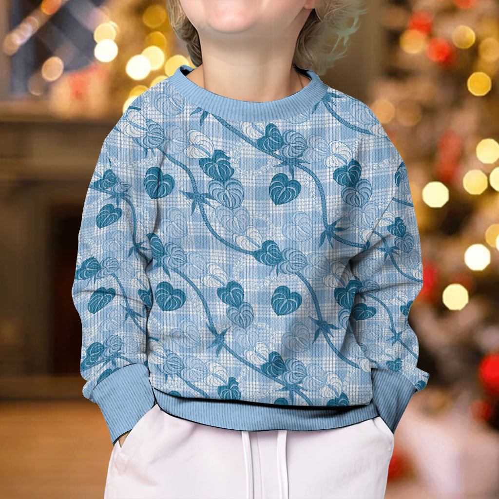Anthurium Pikake Ti Leaf Palaka Kid Ugly Christmas Sweater Blue Version LT01 - Polynesian Pride