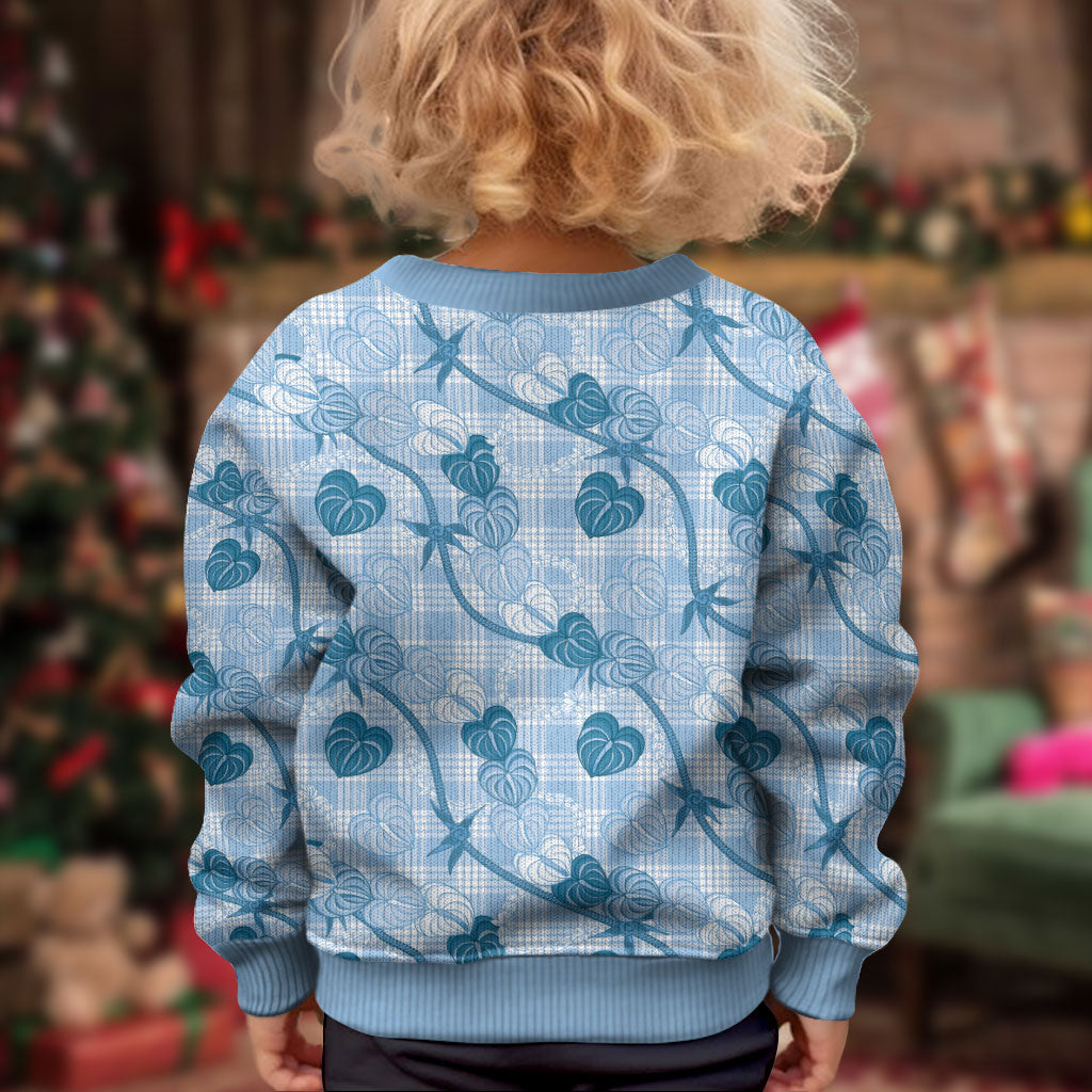 Anthurium Pikake Ti Leaf Palaka Kid Ugly Christmas Sweater Blue Version LT01 - Polynesian Pride