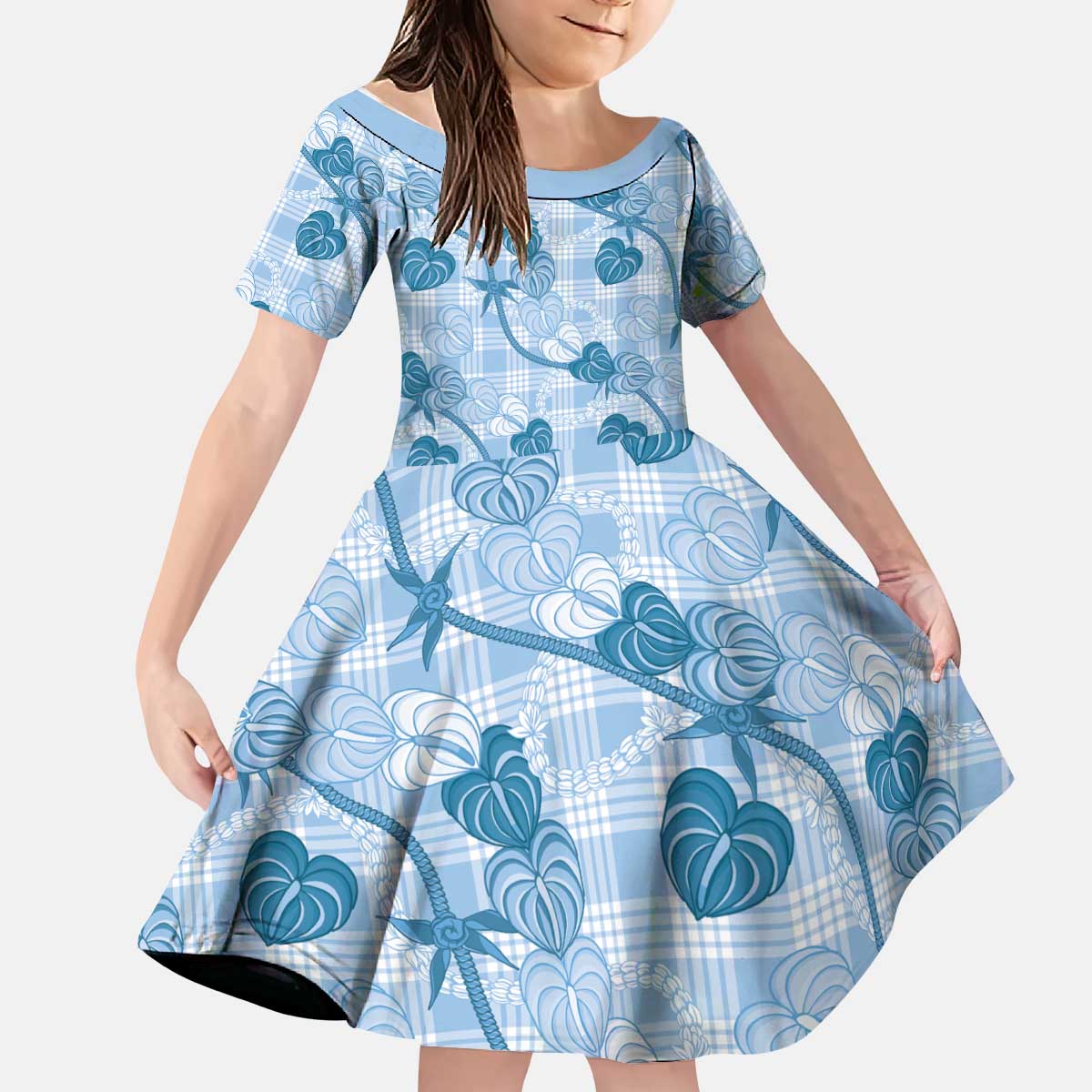 Anthurium Pikake Ti Leaf Palaka Kid Short Sleeve Dress Blue Version LT01 KID Blue - Polynesian Pride