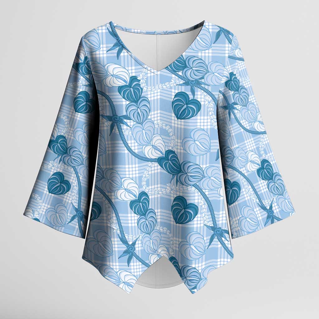 Anthurium Pikake Ti Leaf Palaka Kimono Sleeve Blouse Blue Version LT01 Female Blue - Polynesian Pride