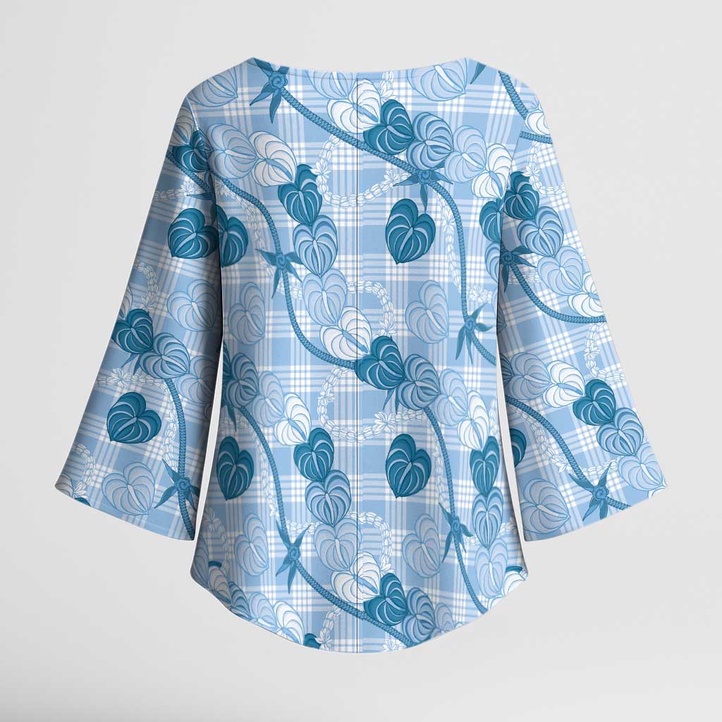 Anthurium Pikake Ti Leaf Palaka Kimono Sleeve Blouse Blue Version LT01 - Polynesian Pride