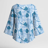 Anthurium Pikake Ti Leaf Palaka Kimono Sleeve Blouse Blue Version LT01 - Polynesian Pride