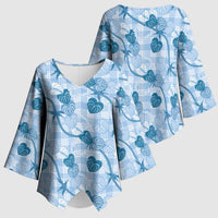 Anthurium Pikake Ti Leaf Palaka Kimono Sleeve Blouse Blue Version LT01 - Polynesian Pride