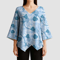 Anthurium Pikake Ti Leaf Palaka Kimono Sleeve Blouse Blue Version LT01 - Polynesian Pride