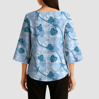 Anthurium Pikake Ti Leaf Palaka Kimono Sleeve Blouse Blue Version LT01 - Polynesian Pride