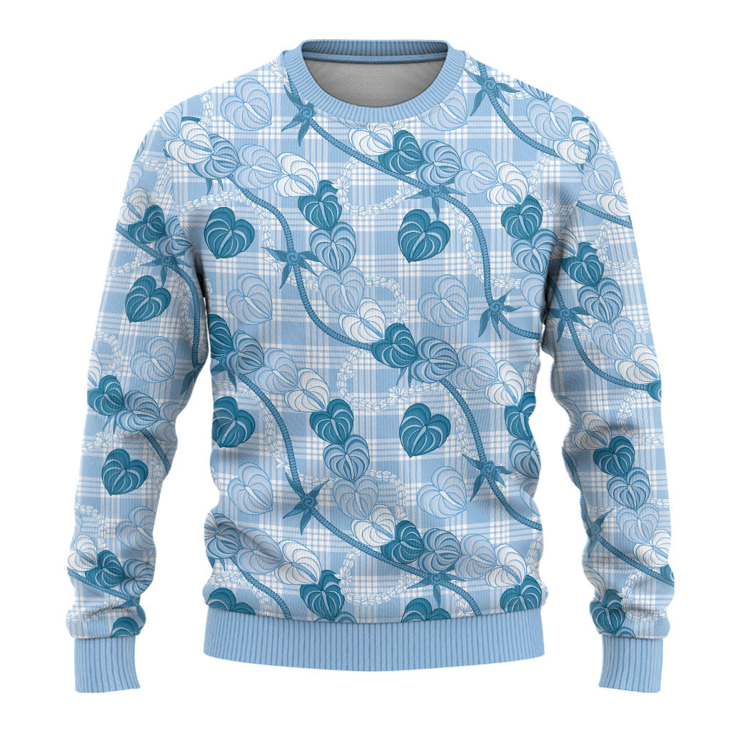 Anthurium Pikake Ti Leaf Palaka Ugly Christmas Sweater Blue Version LT01 - Polynesian Pride