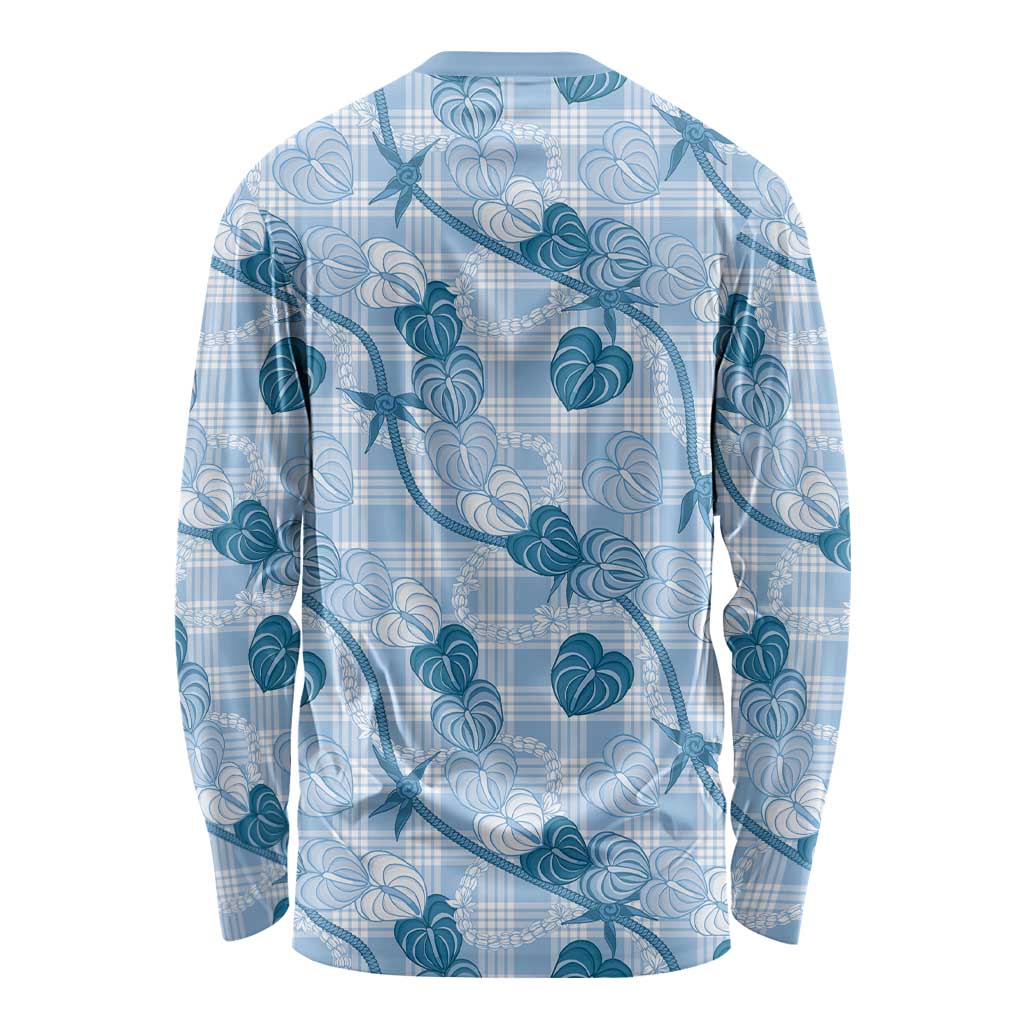 Anthurium Pikake Ti Leaf Palaka Long Sleeve Shirt Blue Version LT01 - Polynesian Pride