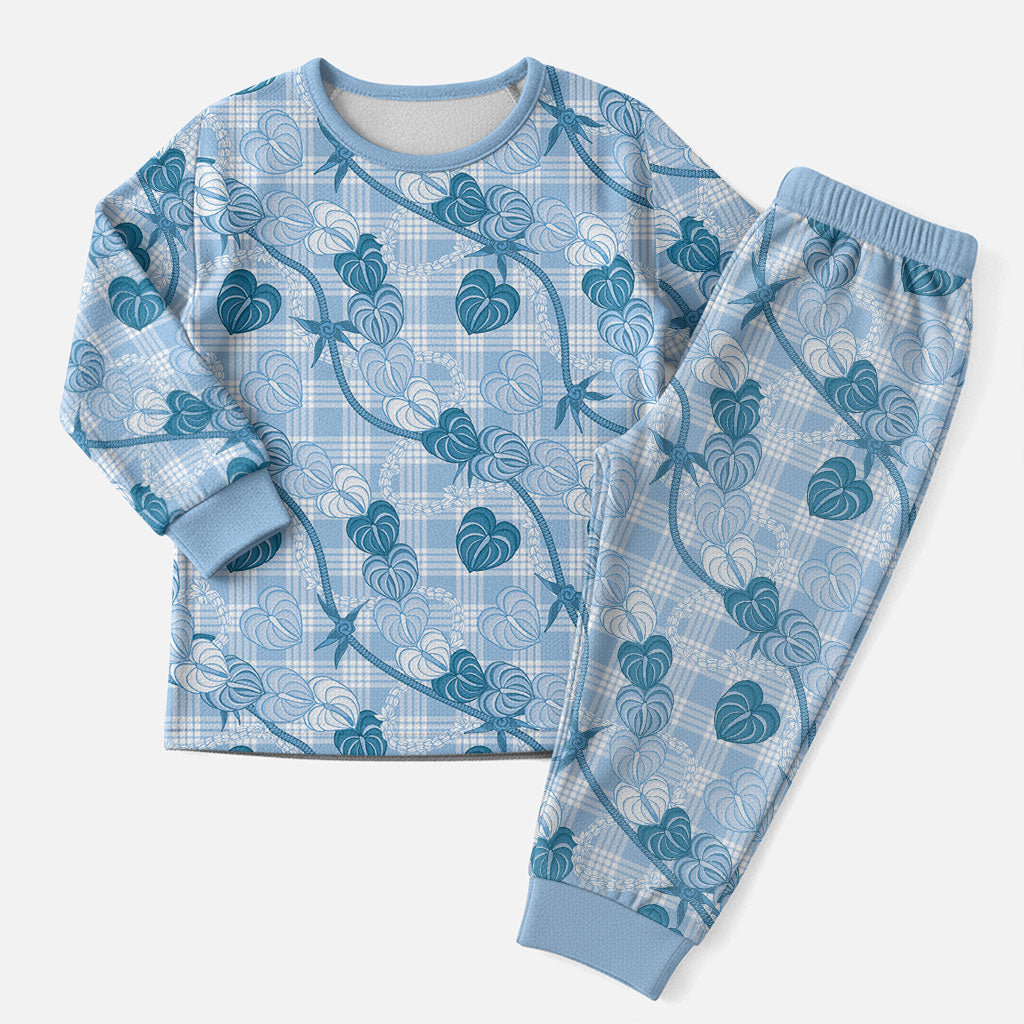 Anthurium Pikake Ti Leaf Palaka Christmas Pajama Set Blue Version LT01 Men Blue - Polynesian Pride