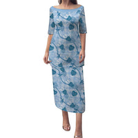 Anthurium Pikake Ti Leaf Palaka Puletasi Blue Version LT01 Long Dress Blue - Polynesian Pride