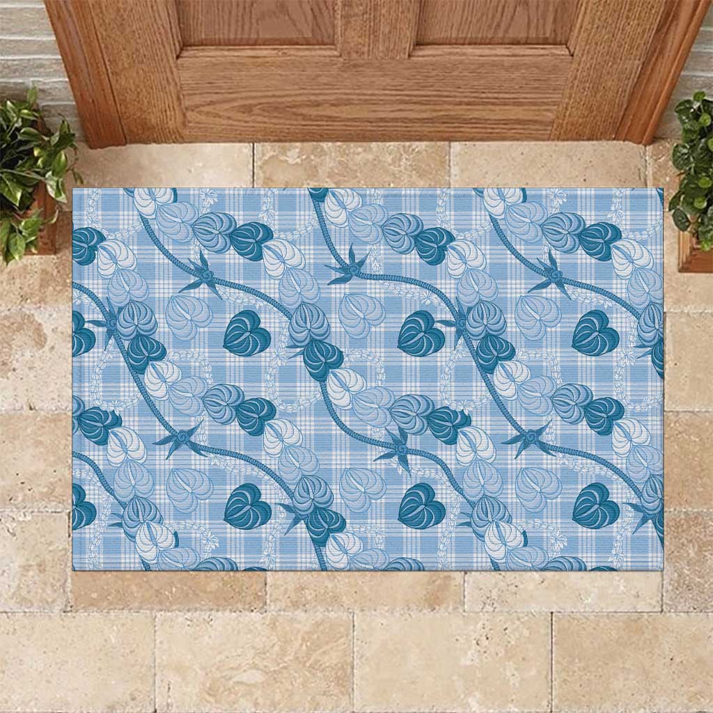 Anthurium Pikake Ti Leaf Palaka Rubber Doormat Blue Version LT01 Blue - Polynesian Pride