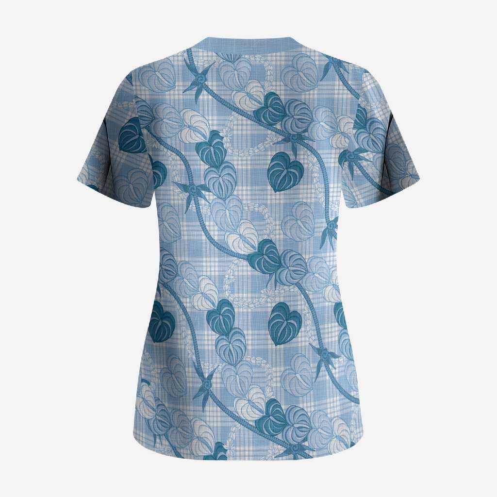 Anthurium Pikake Ti Leaf Palaka Scrub Top Blue Version LT01 - Polynesian Pride