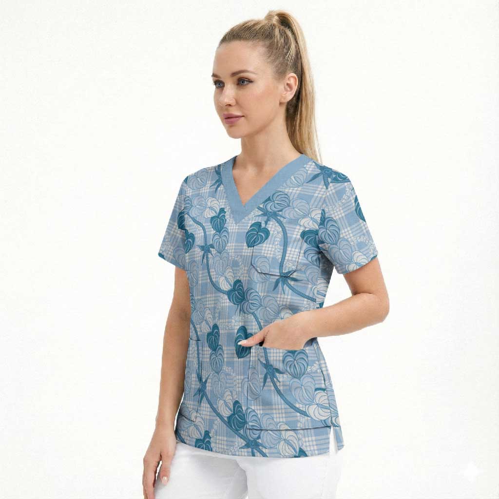 Anthurium Pikake Ti Leaf Palaka Scrub Top Blue Version LT01 - Polynesian Pride