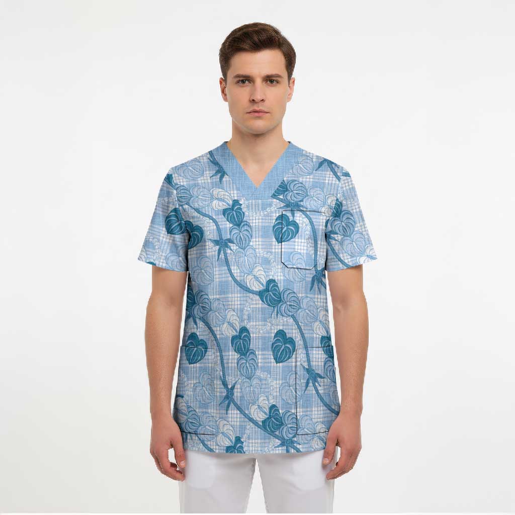 Anthurium Pikake Ti Leaf Palaka Scrub Top Blue Version LT01 - Polynesian Pride