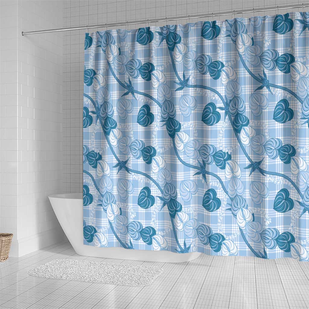 Anthurium Pikake Ti Leaf Palaka Shower Curtain Blue Version LT01 - Polynesian Pride