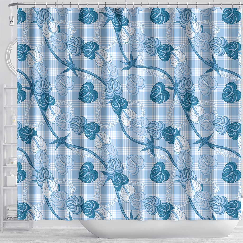 Anthurium Pikake Ti Leaf Palaka Shower Curtain Blue Version LT01 - Polynesian Pride
