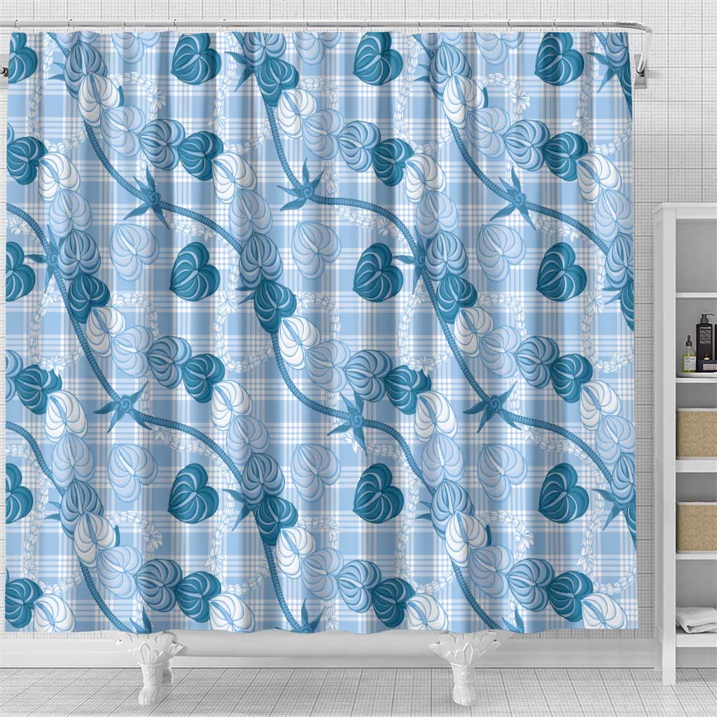 Anthurium Pikake Ti Leaf Palaka Shower Curtain Blue Version LT01 - Polynesian Pride