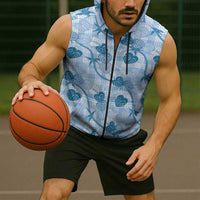 Anthurium Pikake Ti Leaf Palaka Sleeveless Zip Hoodie Blue Version LT01 - Polynesian Pride