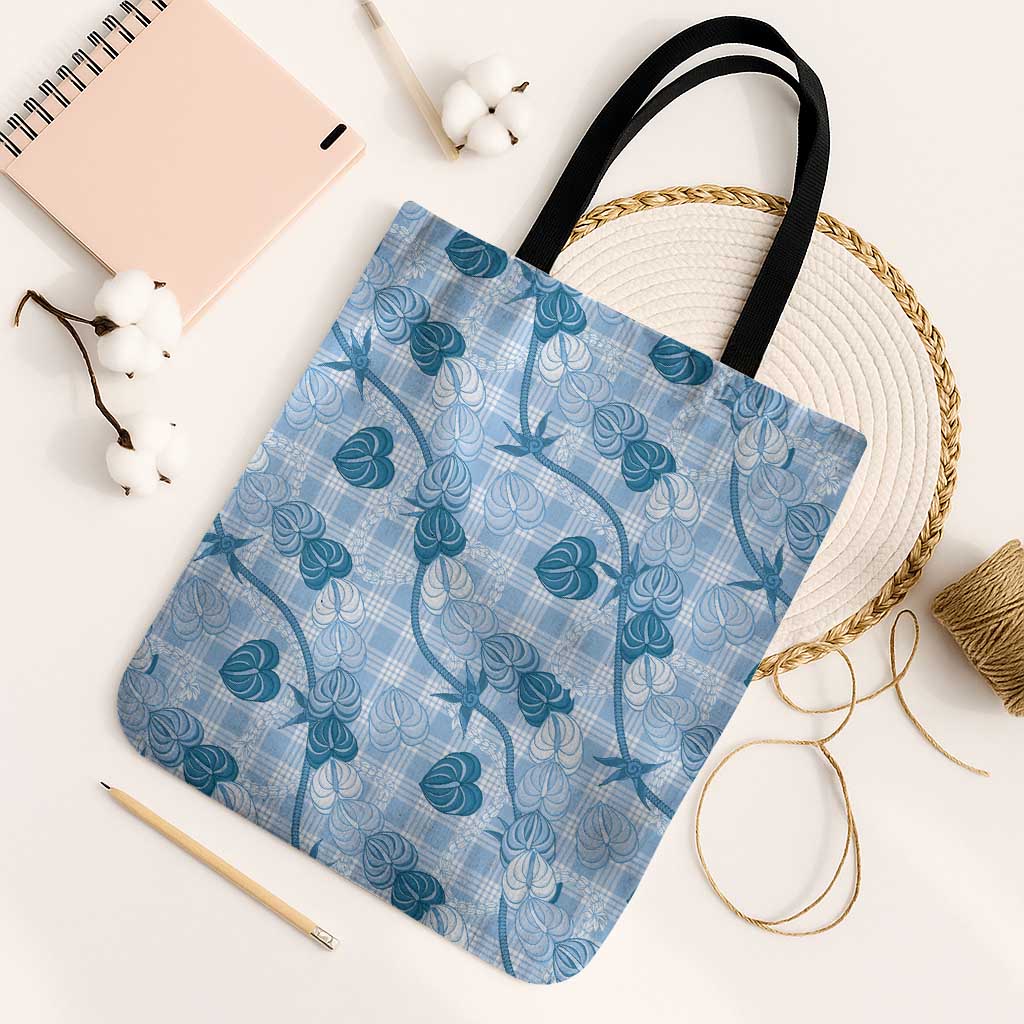 Anthurium Pikake Ti Leaf Palaka Tote Bag Blue Version LT01 Black Strap One Size Blue - Polynesian Pride