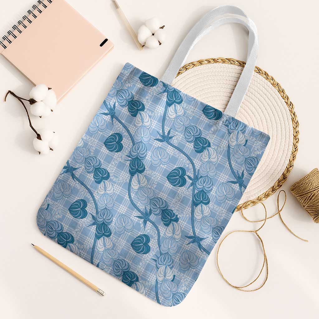 Anthurium Pikake Ti Leaf Palaka Tote Bag Blue Version LT01 White Strap One Size Blue - Polynesian Pride