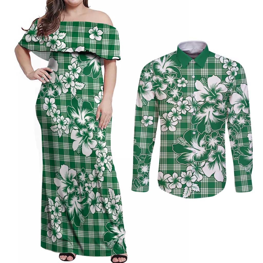 Hibiscus Pakala Emerald Green Couples Matching Off Shoulder Maxi Dress and Long Sleeve Button Shirt Tropical Floral Stylized LT01 Green - Polynesian Pride