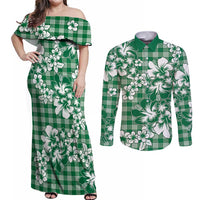 Hibiscus Pakala Emerald Green Couples Matching Off Shoulder Maxi Dress and Long Sleeve Button Shirt Tropical Floral Stylized LT01 Green - Polynesian Pride