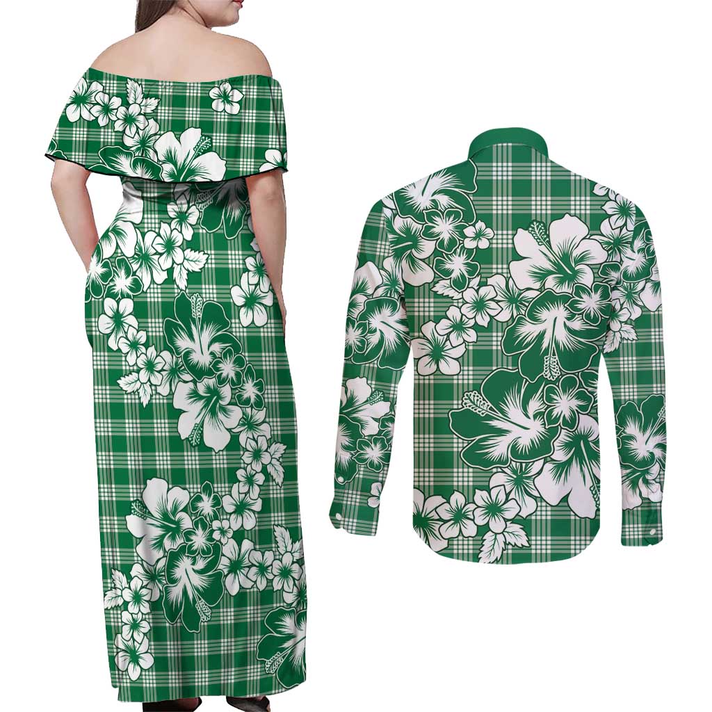 Hibiscus Pakala Emerald Green Couples Matching Off Shoulder Maxi Dress and Long Sleeve Button Shirt Tropical Floral Stylized LT01 - Polynesian Pride