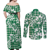 Hibiscus Pakala Emerald Green Couples Matching Off Shoulder Maxi Dress and Long Sleeve Button Shirt Tropical Floral Stylized LT01 - Polynesian Pride