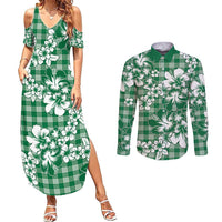 Hibiscus Pakala Emerald Green Couples Matching Summer Maxi Dress and Long Sleeve Button Shirt Tropical Floral Stylized LT01 Green - Polynesian Pride
