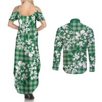 Hibiscus Pakala Emerald Green Couples Matching Summer Maxi Dress and Long Sleeve Button Shirt Tropical Floral Stylized LT01 - Polynesian Pride