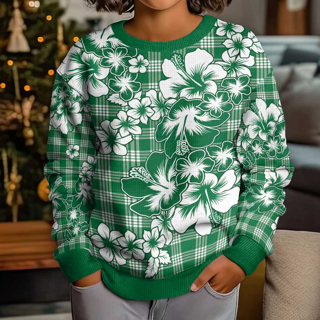 Hibiscus Pakala Emerald Green Kid Ugly Christmas Sweater Tropical Floral Stylized LT01 - Polynesian Pride