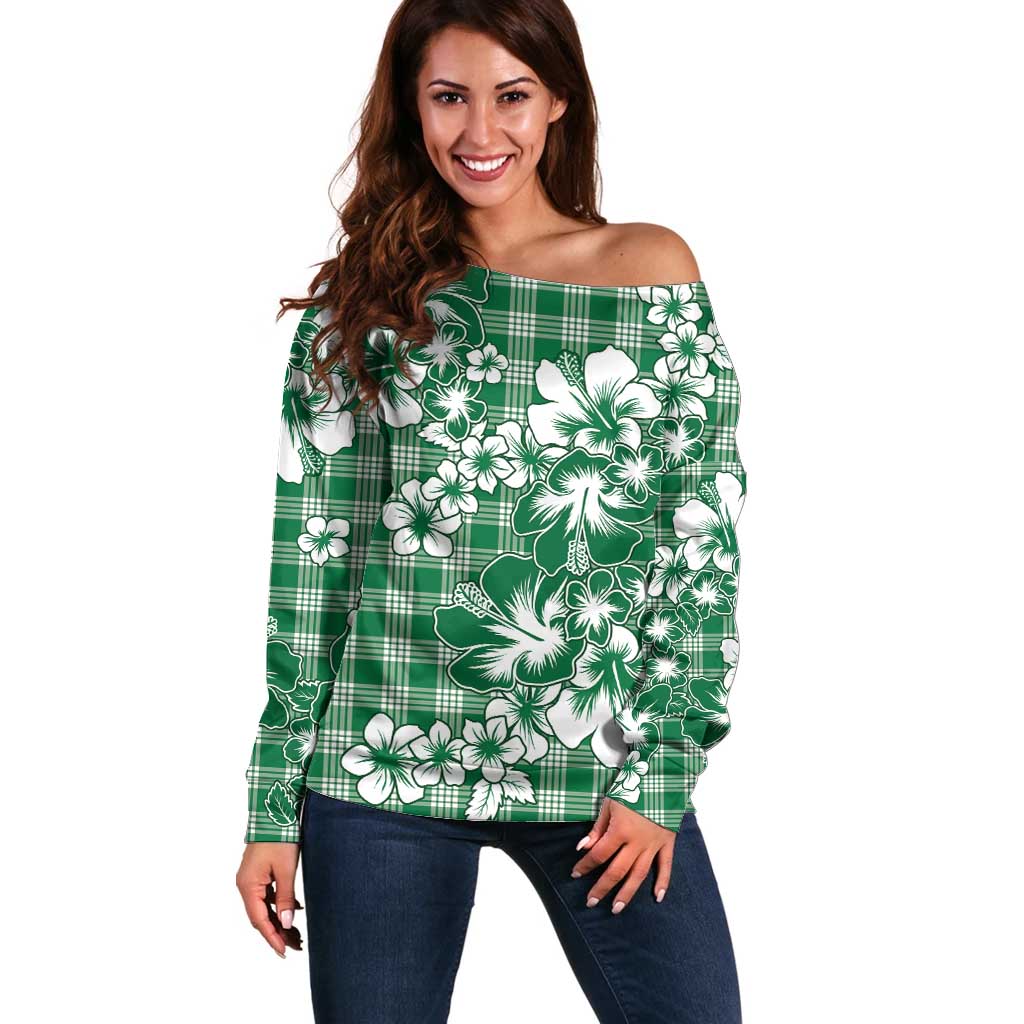 Hibiscus Pakala Emerald Green Off Shoulder Sweater Tropical Floral Stylized LT01 Women Green - Polynesian Pride