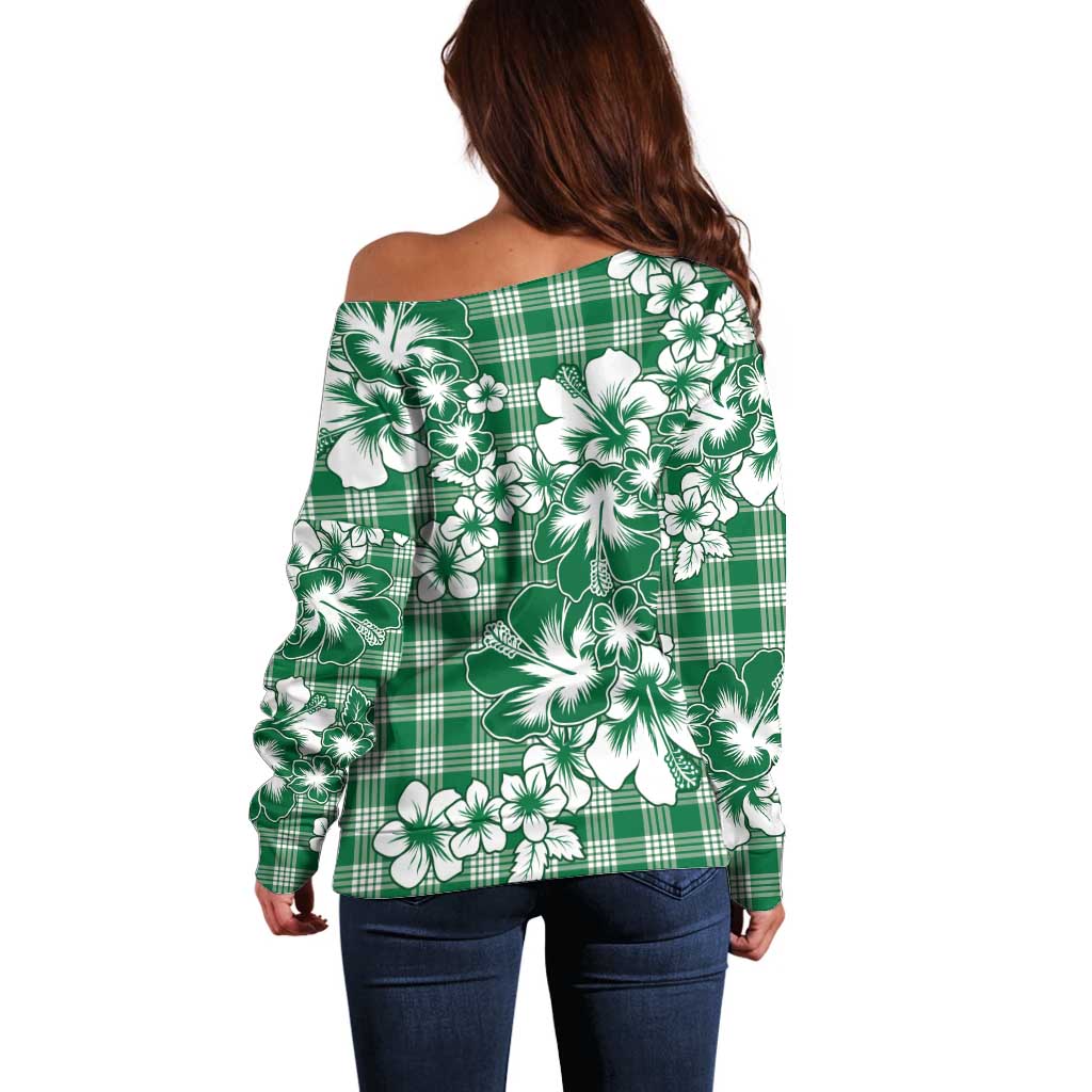 Hibiscus Pakala Emerald Green Off Shoulder Sweater Tropical Floral Stylized LT01 - Polynesian Pride