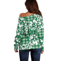 Hibiscus Pakala Emerald Green Off Shoulder Sweater Tropical Floral Stylized LT01 - Polynesian Pride