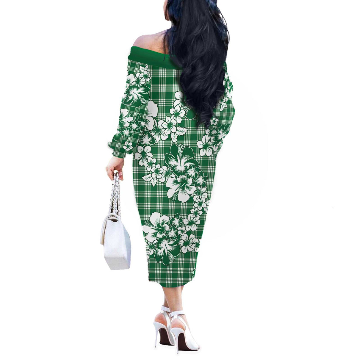 Hibiscus Pakala Emerald Green Off The Shoulder Long Sleeve Dress Tropical Floral Stylized LT01 - Polynesian Pride