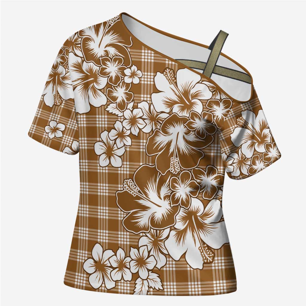 Hibiscus Pakala Bronze Brown Cross Shoulder Shirt Tropical Floral Stylized LT01 Female Brown - Polynesian Pride