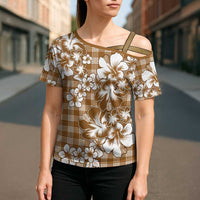 Hibiscus Pakala Bronze Brown Cross Shoulder Shirt Tropical Floral Stylized LT01 - Polynesian Pride