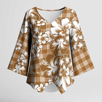Hibiscus Pakala Bronze Brown Kimono Sleeve Blouse Tropical Floral Stylized LT01 Female Brown - Polynesian Pride