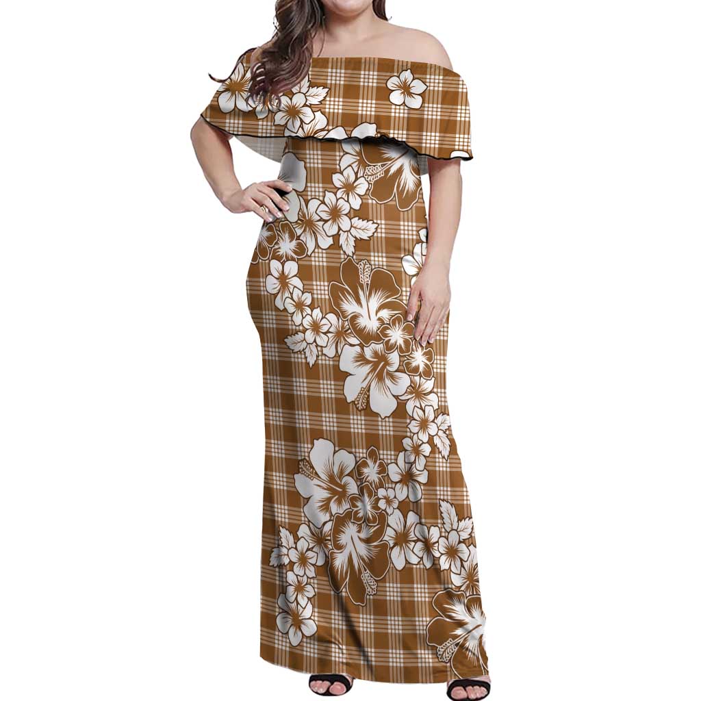 Hibiscus Pakala Bronze Brown Off Shoulder Maxi Dress Tropical Floral Stylized LT01 Women Brown - Polynesian Pride