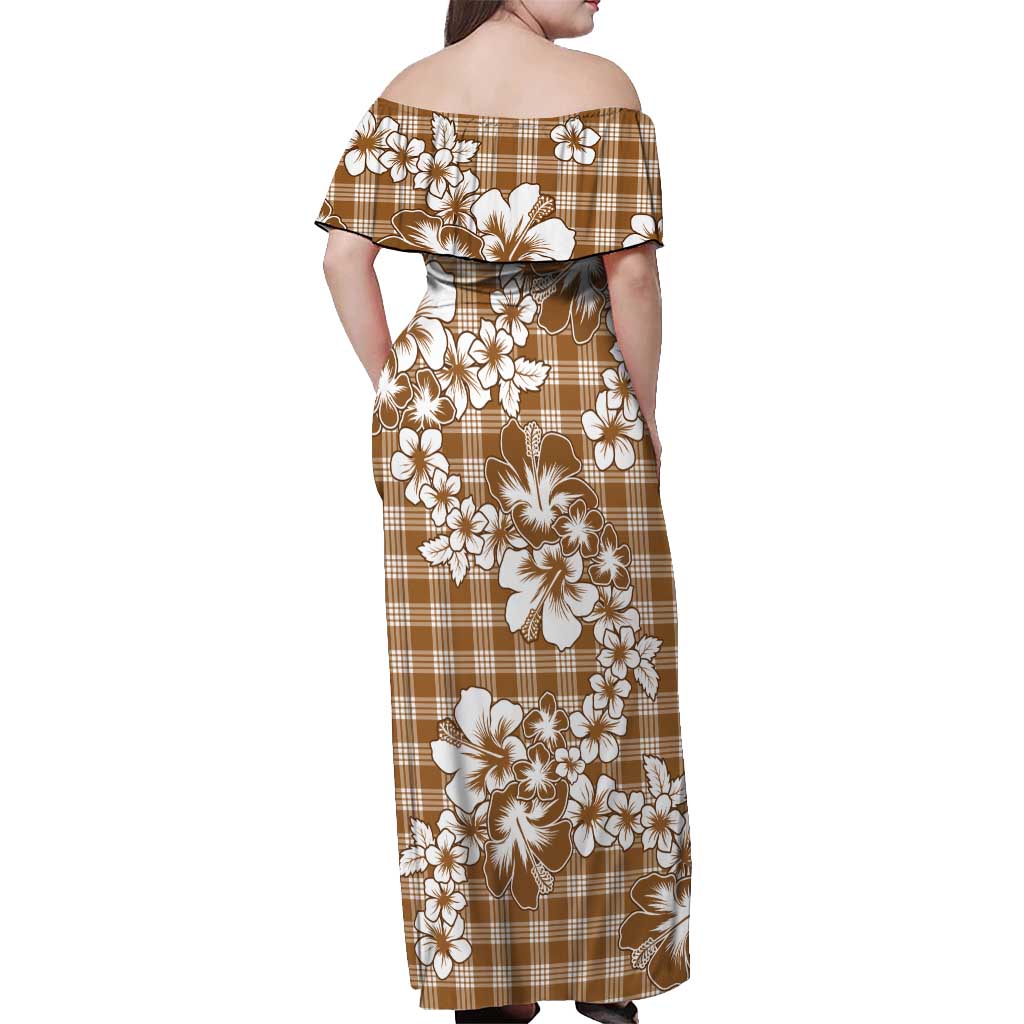 Hibiscus Pakala Bronze Brown Off Shoulder Maxi Dress Tropical Floral Stylized LT01 - Polynesian Pride
