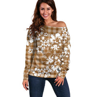 Hibiscus Pakala Bronze Brown Off Shoulder Sweater Tropical Floral Stylized LT01 Women Brown - Polynesian Pride