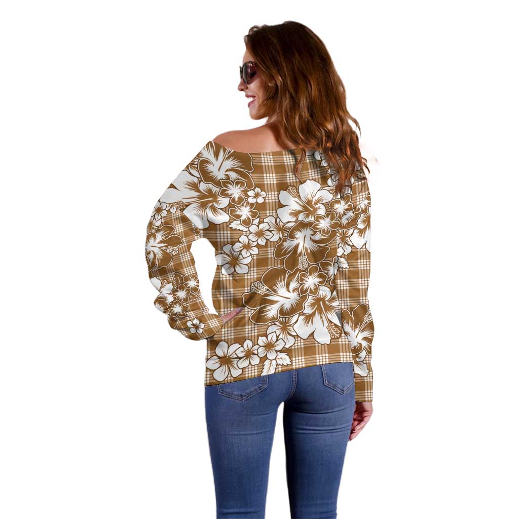 Hibiscus Pakala Bronze Brown Off Shoulder Sweater Tropical Floral Stylized LT01 - Polynesian Pride