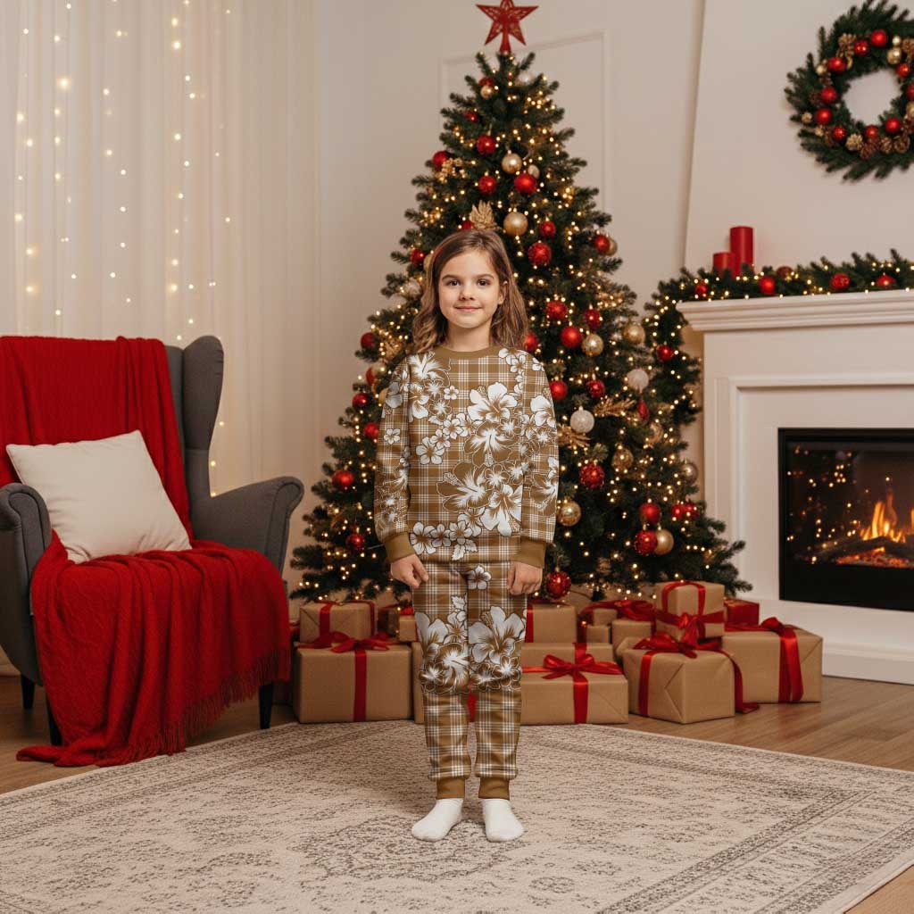 Hibiscus Pakala Bronze Brown Christmas Pajama Set Tropical Floral Stylized LT01 Kid Brown - Polynesian Pride
