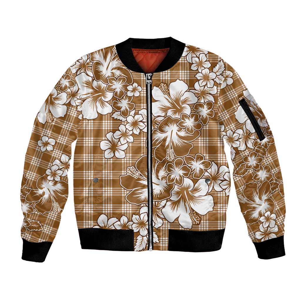 Hibiscus Pakala Bronze Brown Sleeve Zip Bomber Jacket Tropical Floral Stylized LT01 Unisex Brown - Polynesian Pride