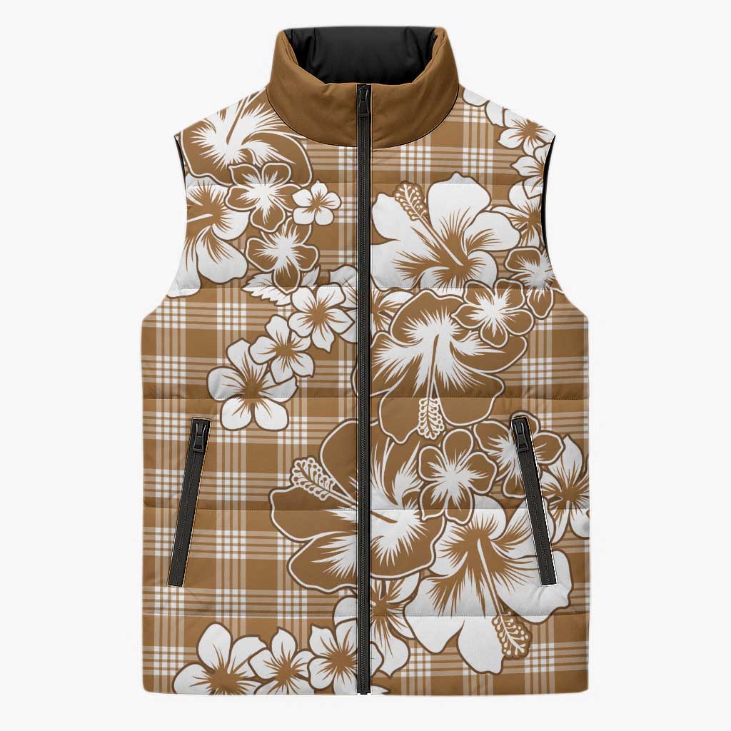 Hibiscus Pakala Bronze Brown Sleeveless Puffer Jacket Tropical Floral Stylized LT01 Unisex Brown - Polynesian Pride