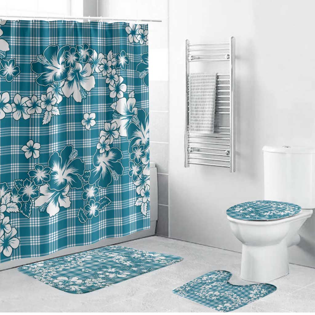 Hibiscus Pakala Ocean Depths Blue Bathroom Set Tropical Floral Stylized LT01 Bathroom Set (4 pcs) Blue - Polynesian Pride