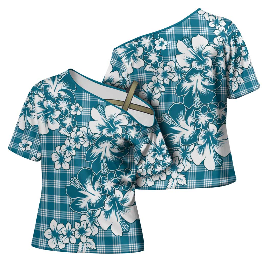 Hibiscus Pakala Ocean Depths Blue Cross Shoulder Shirt Tropical Floral Stylized LT01 - Polynesian Pride