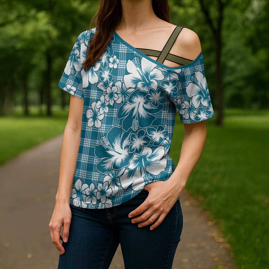 Hibiscus Pakala Ocean Depths Blue Cross Shoulder Shirt Tropical Floral Stylized LT01 - Polynesian Pride