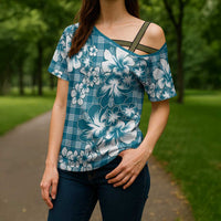 Hibiscus Pakala Ocean Depths Blue Cross Shoulder Shirt Tropical Floral Stylized LT01 - Polynesian Pride