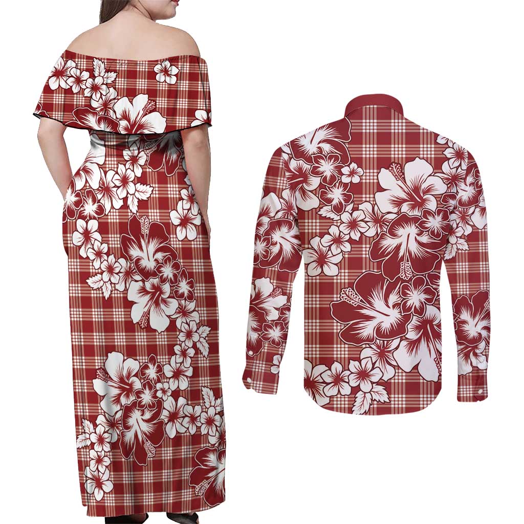 Hibiscus Pakala Fantasy Red Couples Matching Off Shoulder Maxi Dress and Long Sleeve Button Shirt Tropical Floral Stylized LT01 - Polynesian Pride