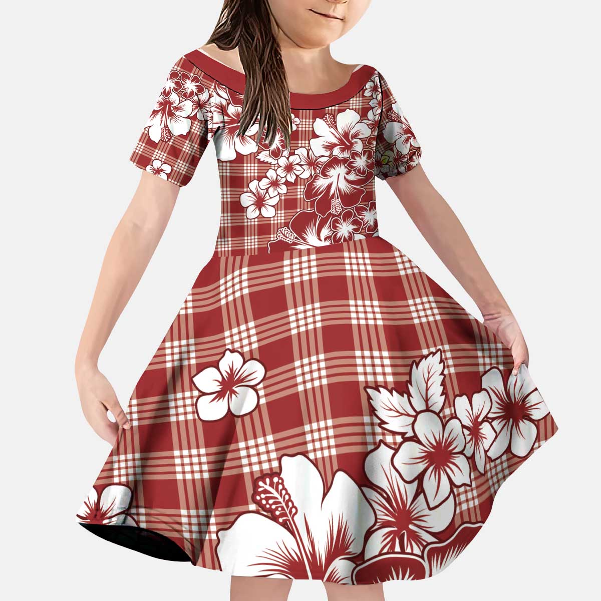 Hibiscus Pakala Fantasy Red Kid Short Sleeve Dress Tropical Floral Stylized LT01 KID Red - Polynesian Pride
